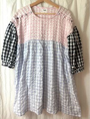 Tach Clothing Multi-Color Gingham Button Detail Babydoll Dress Medium #twee